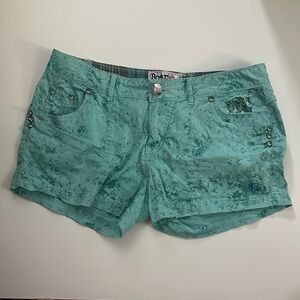 Roar Turquoise Mineral-Wash Jean Shorts with Stud and Sequin Detail